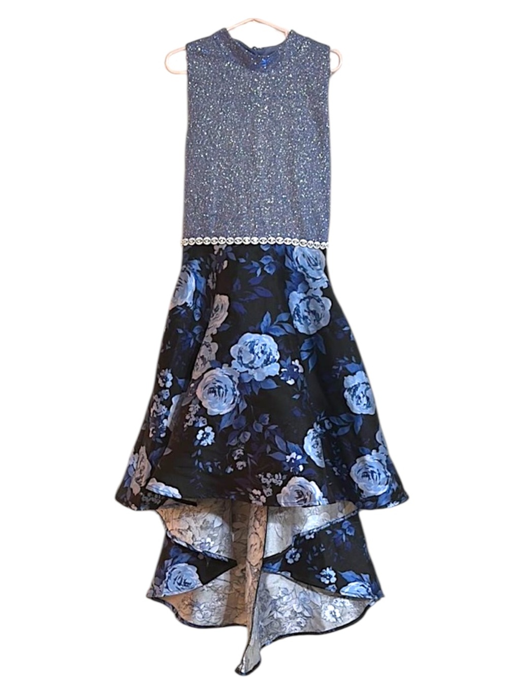 EUC Speechless Dress with blue floral high low skirt and beautiful sparkly top